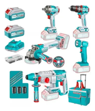 Kit Taladro Percutor + Amoladora + Llave de Impacto + Rotomartillo + Linterna INDUSTRIAL TOTAL TCKLI20595-4
