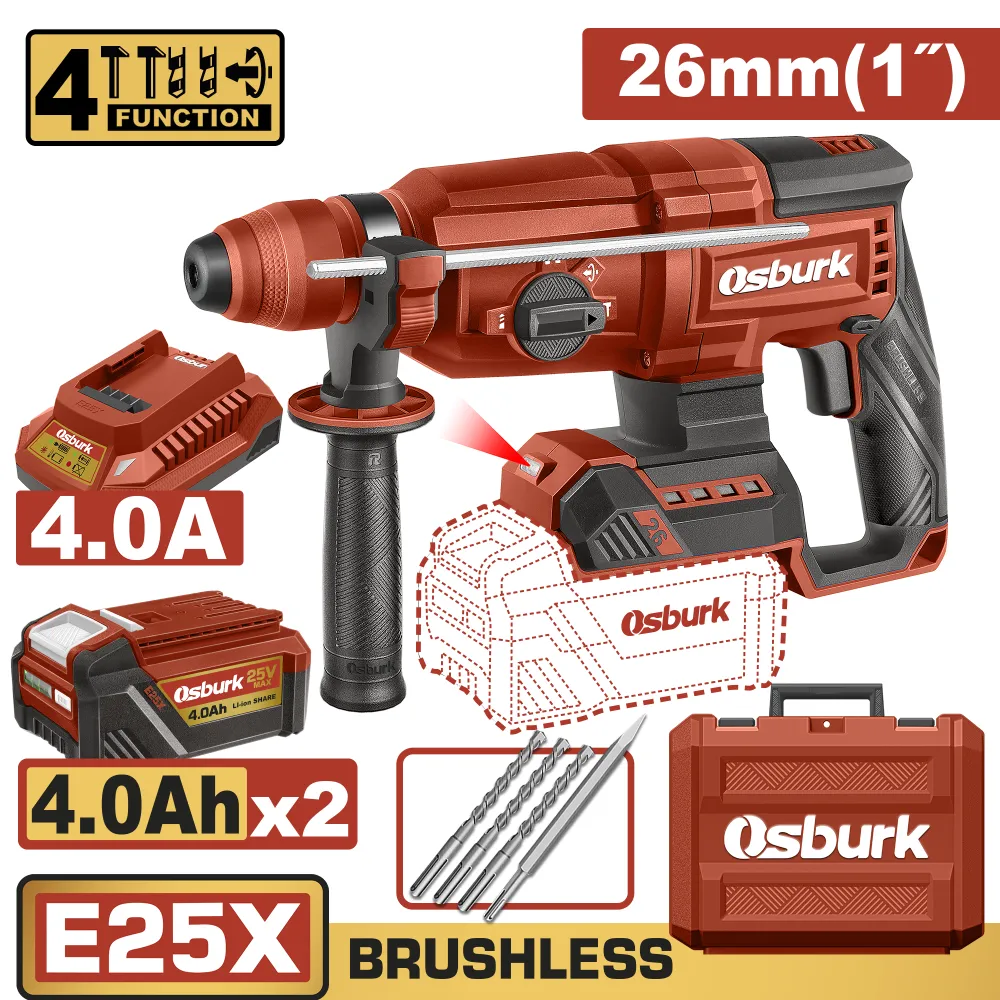 Rotomartillo SDS PLUS 25V BL 26mm OSBURK KLRH2526 (MALETIN, CARGADOR 4Ah, Y 2 BATERIAS 4Ah)