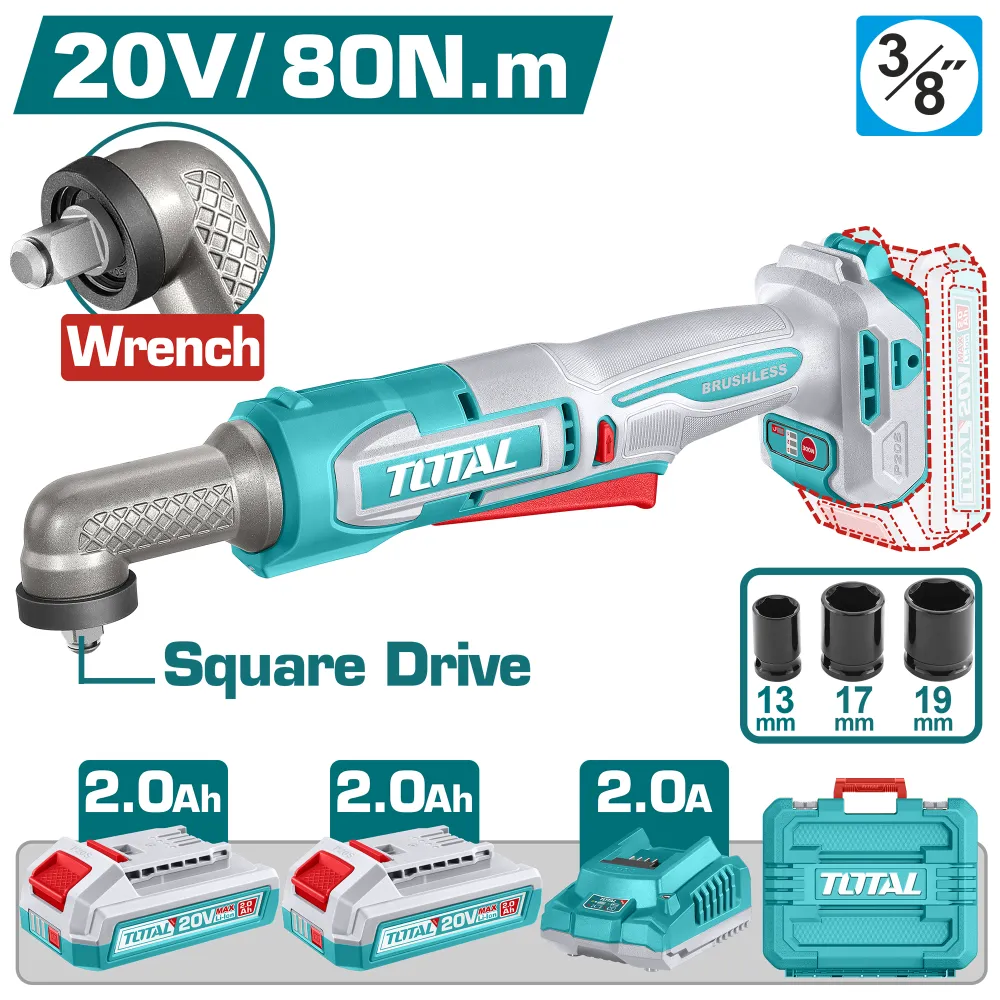 Llave de Impacto Angular 20V BL 80Nm INDUSTRIAL TOTAL TAIWLI208-4 (MALETIN, CARGADOR, Y 2 BATERIAS 2Ah)