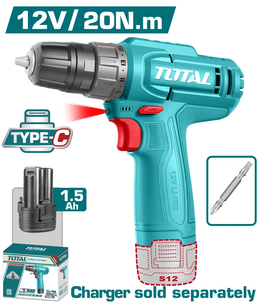 Taladro 12V 750rpm 20Nm TOTAL TDLI12456 (BATERIA CARGA TIPO C)
