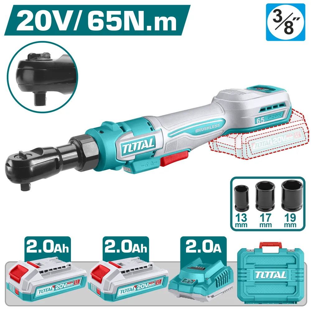Llave Crique 20V BL 3/8" 65Nm INDUSTRIAL TOTAL TDRLI20652-4 (MALETIN, CARGADOR, Y 2 BATERIAS)