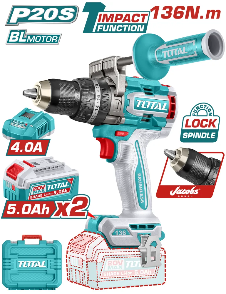 Taladro Percutor 20V BL 2100rpm 136Nm INDUSTRIAL TOTAL TIDLI201368-4 (MALETIN, CARGADOR, Y 2 BATERIAS 5Ah)