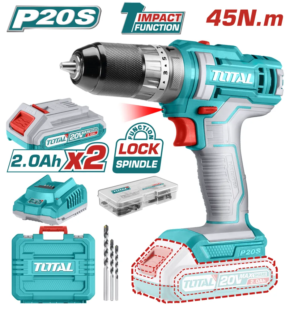 Taladro Percutor inalambrico 20V 1500rpm 45Nm INDUSTRIAL TOTAL TIDLI201452-4 (MALETIN, CARGADOR, Y 2 BATERIAS)