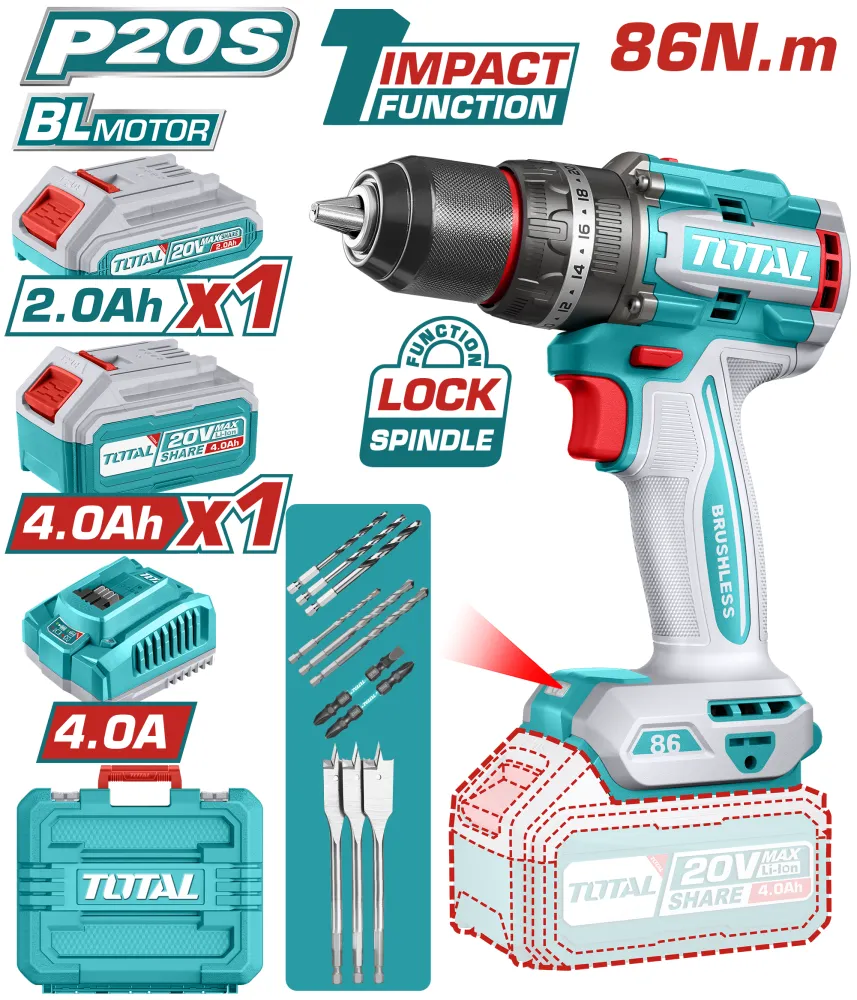 Taladro Percutor 20V BL 2000rpm 86Nm INDUSTRIAL TOTAL TIDLI208682-4 (MALETIN, CARGADOR, Y 2 BATERIAS 4Ah)