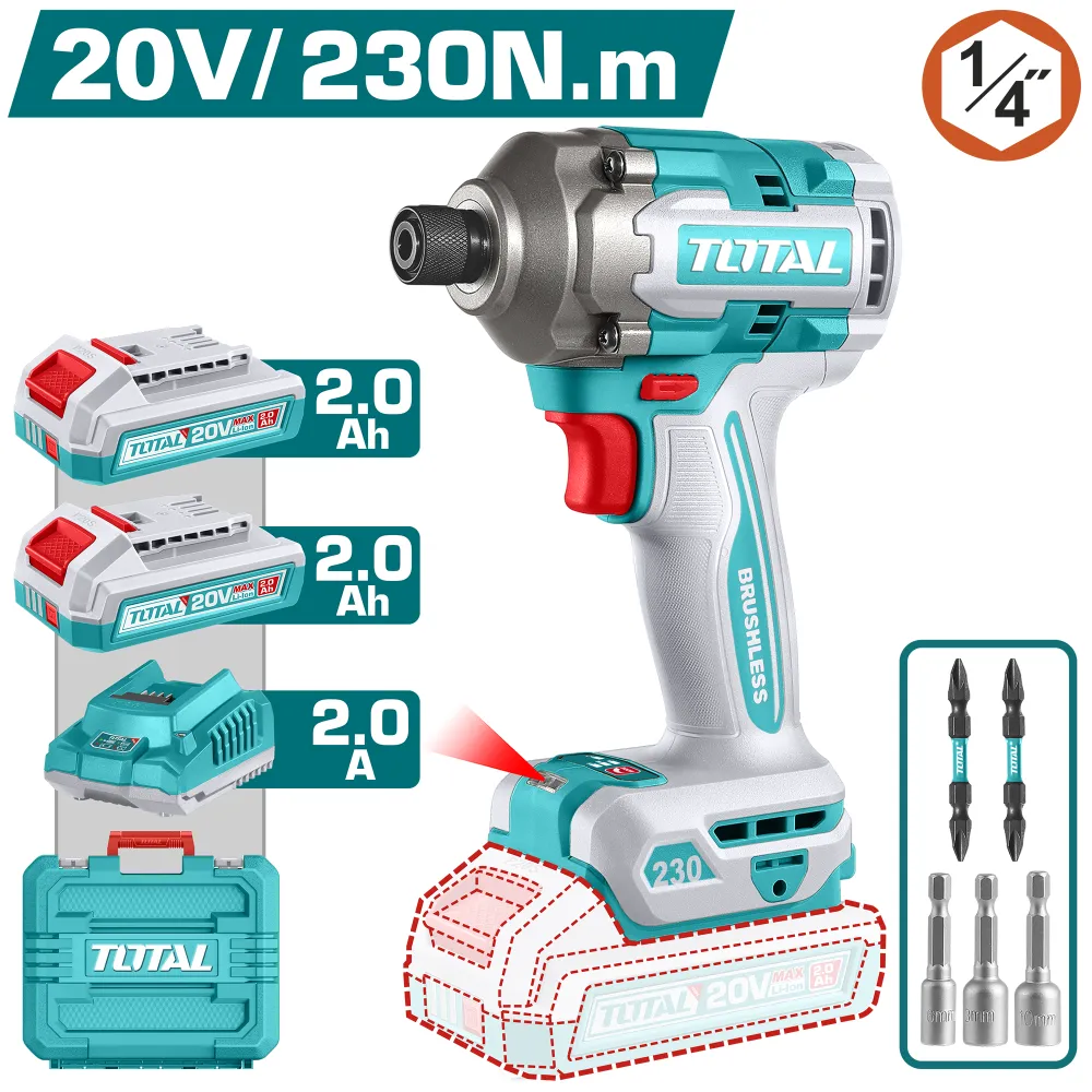 Atornillador de Impacto 20V BL 1/4 230Nm INDUSTRIAL TOTAL TIRLI2023-4 (MALETIN, CARGADOR, Y 2 BATERIAS 2Ah)