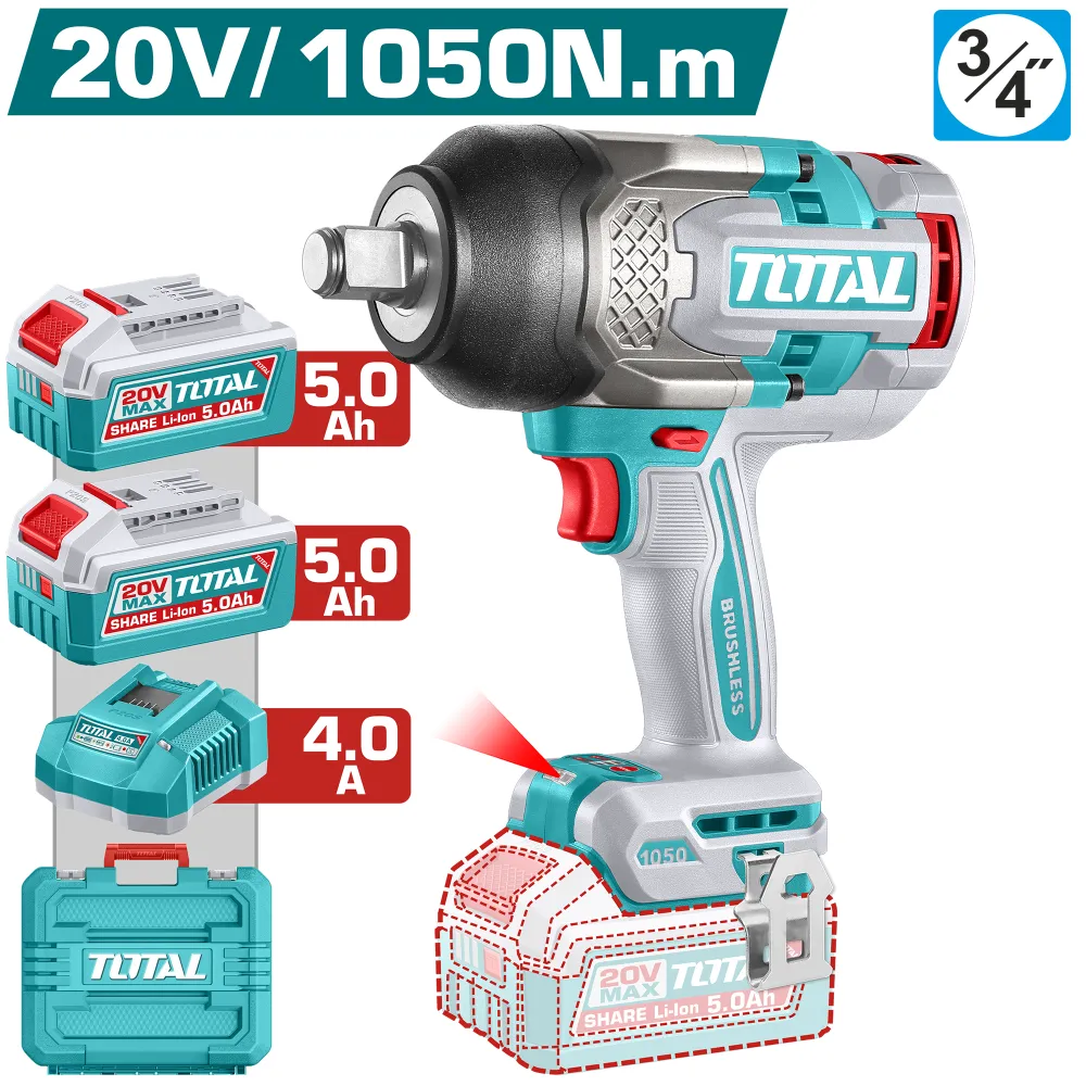 Llave de Impacto 20V BL 1050Nm INDUSTRIAL TOTAL TIWLI201056-4 (MALETIN, CARGADOR, Y 2 BATERIAS 5Ah)