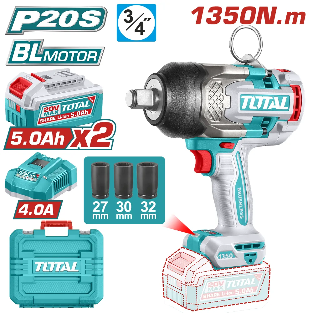 Llave de Impacto 20V BL 1350Nm INDUSTRIAL TOTAL TIWLI20135-4 (MALETIN, CARGADOR, Y DOS BATERIAS 5Ah)