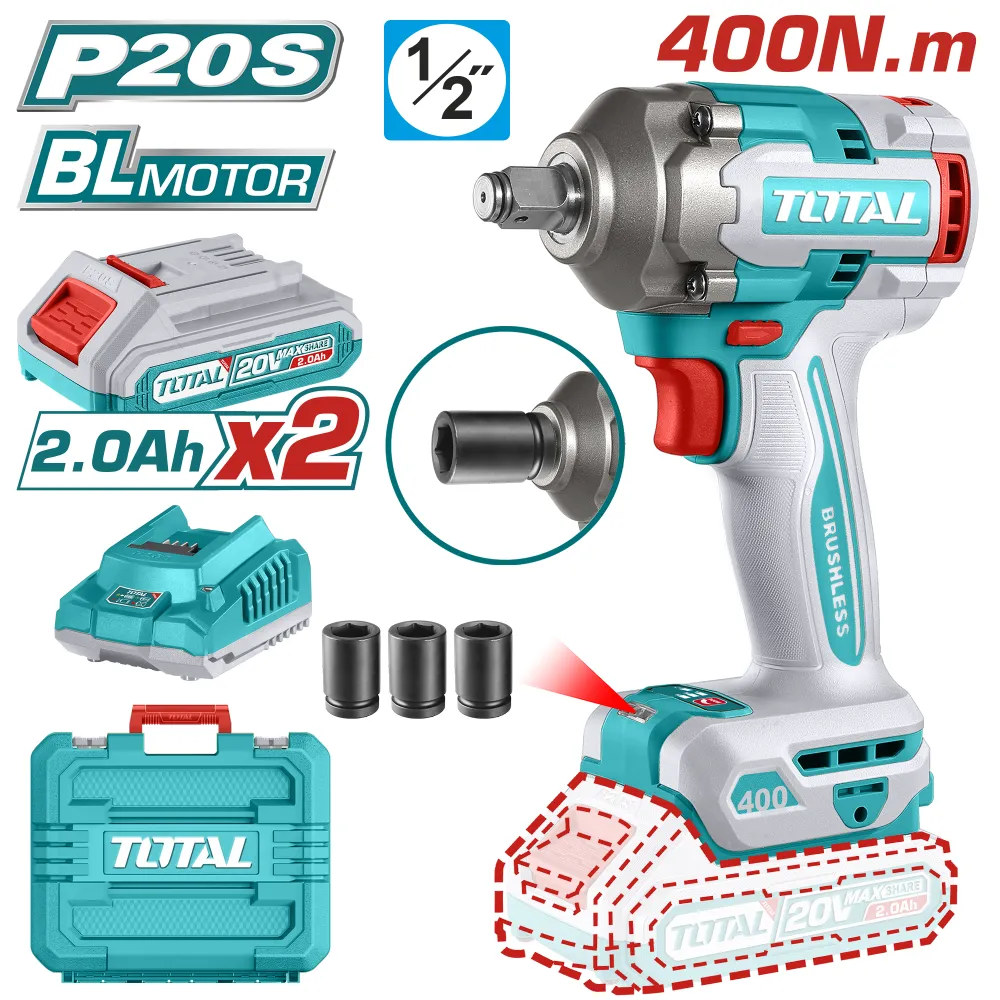 Llave de Impacto 20V BL 400Nm INDUSTRIAL TOTAL TIWLI2040-4 (MALETIN, CARGADOR, Y DOS BATERIAS 2Ah)
